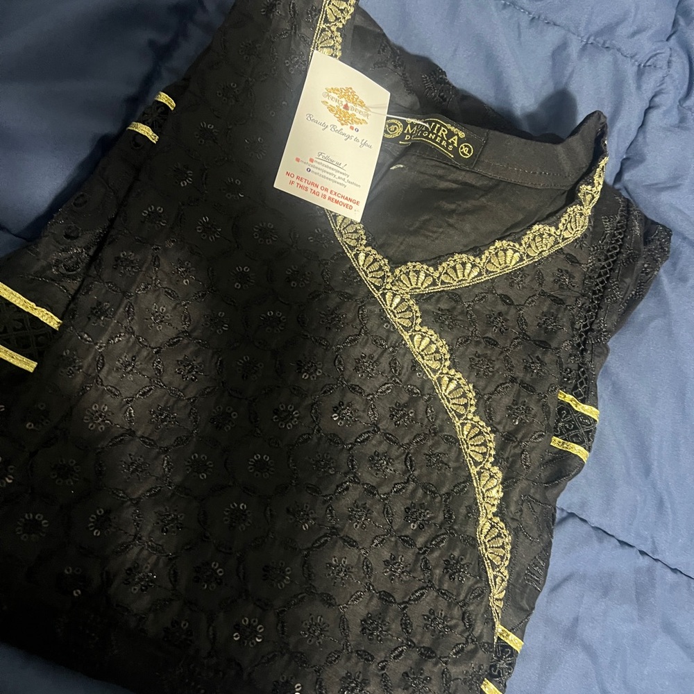 Embroidered Black Maxi Dress with Gold Trim